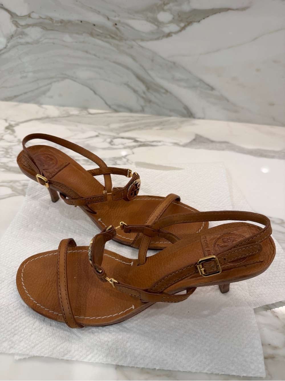 Tory Burch Cognac Leather Strappy Kitten Heel Sandals